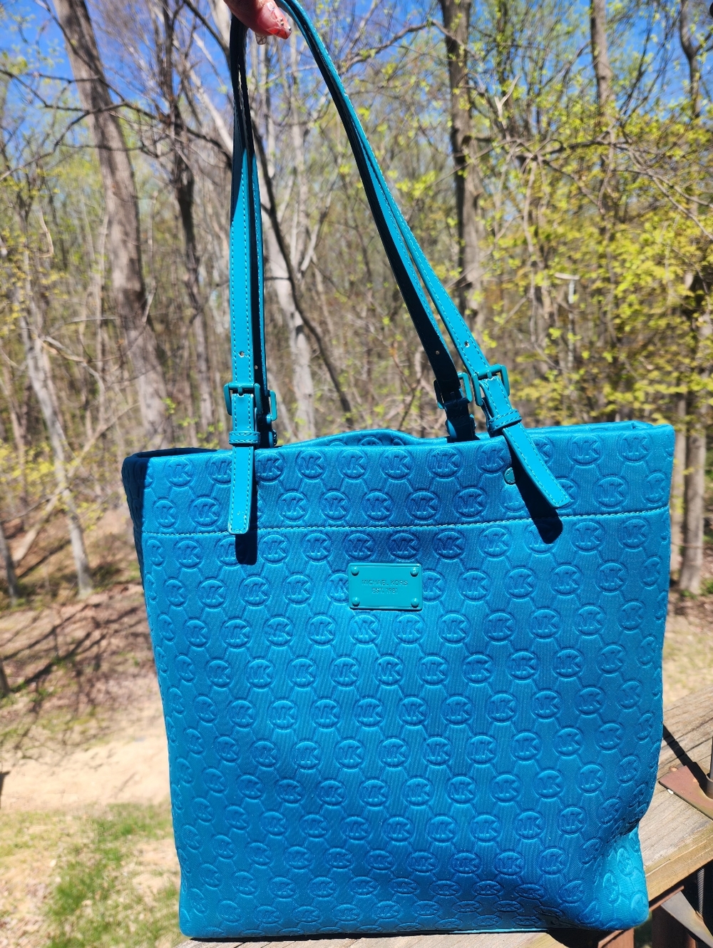 Large Michael Kors Tote JetSet Quilted Bag Turquoise Neoprene - Picture 5 of 13